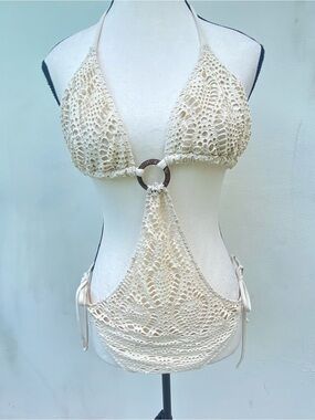 Y2K Rampage Cream Crochet Look Monokini Size Large